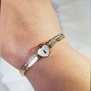 Heart Lock And Key Rhinestone Hinged Stainless Steel Bangle Gold